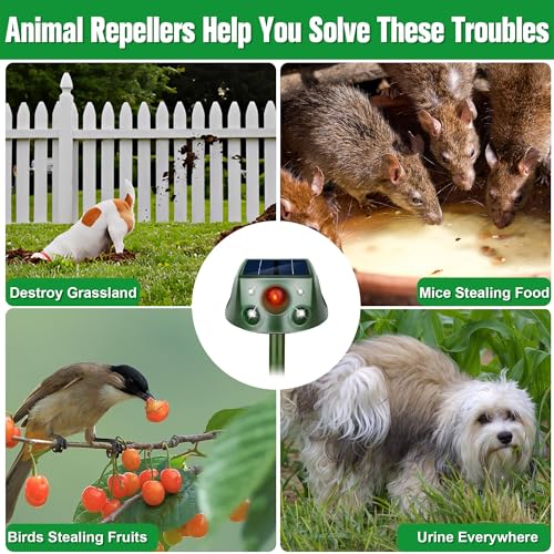 Solar Animal Repeller, 360° Ultrasonic Animal Repellent, 7 Modes Animal Repellent for Garden, IP66 Waterproof Animal Deterrent Devices Outdoor, Repels Cat, Dog, Rat, Squirrel, Deer, Rabbit, Raccoon