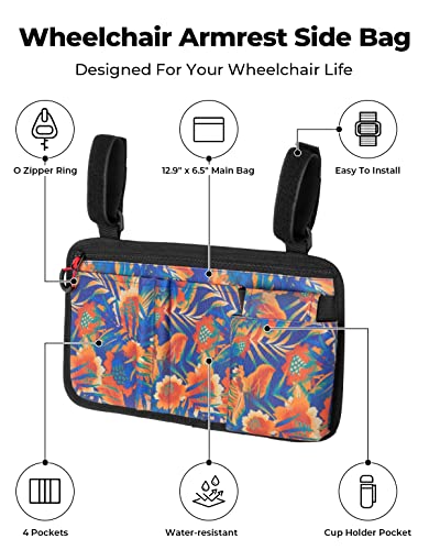 ISSYZONE Wheelchair Side Bag, Walker Pouch Bag with Cup Holder, Wheelchair Armrest Accessories for Walker, Rollator, Electric Scooter Wheelchairs, Ideal Gift for Mother's Day & Father's Day (Orange)