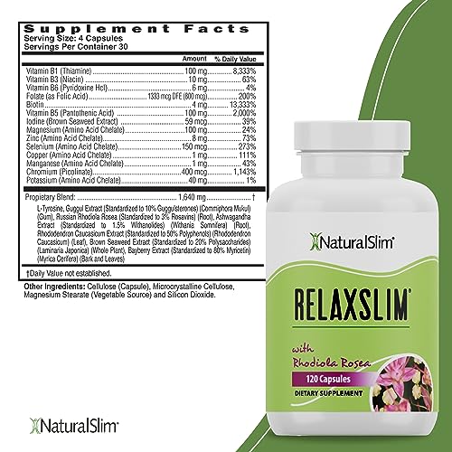 NaturalSlim Relaxslim for Metabolism, Helps Control Appetite, Fat & Stress Support - Adaptogen Supplements w/Rhodiola Rosea & Ashwagandha - Source of Natural Energy - 120 Capsules