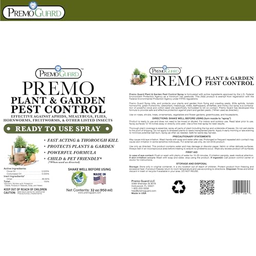 Plant and Garden Pest Control Spray by Premo Guard - 32 oz - Kills Aphids, Spider Mites, Gnats, Whiteflies, Beetles, Caterpillars and Fungus - Fast Acting & Effective - Child and Pet Safe