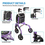 Planetwalk Premium 3 Wheel Rollator Walker for Seniors - Ultra Lightweight Foldable Walker for Elderly, Aluminum Three Wheel Mobility Aid, Dark Purple