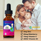 Kiddivit Baby Zinc Liquid Drops with Elderberry, Vitamin D3 & C - 60 Daily Servings, 2 Fl Oz (60 mL) - Inulin Fortified (Prebiotic, Dietary Fiber) - Sugar Free, Gluten Free, Vegetarian Friendly