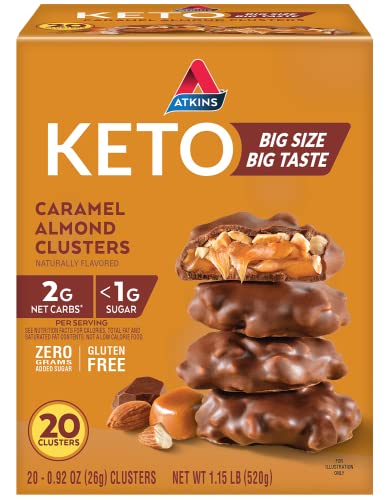 Atkins Caramel Almond Clusters, Gluten Free, High in Fiber, 1g Sugar, 2g Net Carb, Keto Friendly, 20 Count