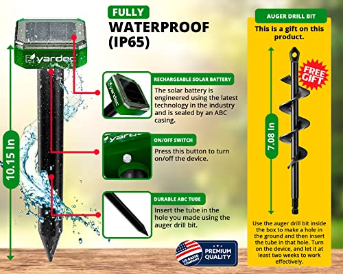 YARDEC Gopher Repellent Ultrasonic Solar Powered (2-Pack) - Easy To Use Solar Mole Repellent Ultrasonic With an Auger Drill Bit - IP65 Waterproof Sonic Repeller Stakes For Groundhog, Vole, Snake, etc.