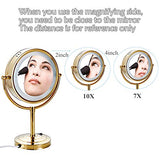 Cavoli 8.5 inch LED Makeup Mirror with 10X Magnification,has Three Colors Lights,Extendable Bathroom Mirror,Tabletop Two-Sided, Antique Brass Finish(8.5in,10X) (Gold, 10x Magnification)