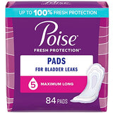 Poise Incontinence Pads & Postpartum Incontinence Pads, 5 Drop Maximum Absorbency, Long Length, 84 Count (2 Packs of 42), Packaging May Vary