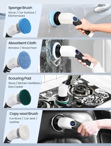 Keimi Electric Spin Scrubber, 2024 New Cordless Voice Prompt Shower Cleaning Brush with 8 Replaceable Brush Heads, 3 Adjustable Speeds, and Adjustable Extension Handle for Bathroom Floor Tile