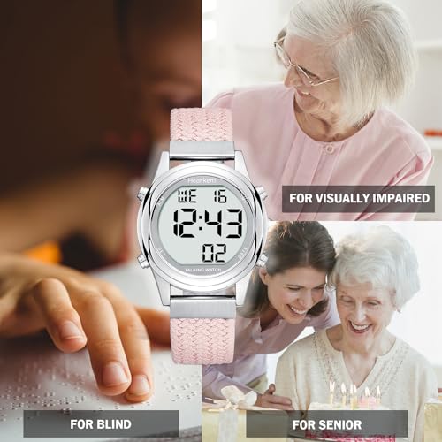 Hearkent Digital Talking Watch for Ladies with American Accent Voice LCD Big Numbers Watch for Visually impaired, Elderly or Blind People (Pink)