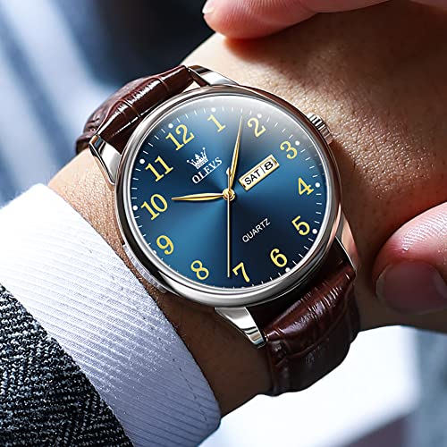 OLEVS Brown Men Watches Blue Big Dial Leather Analog Mens Watch Casual Luminous Easy Reader Watches for Elderly Three Hands Dress Watch Day and Date Impermeable Male Watch for Fathers Gifts