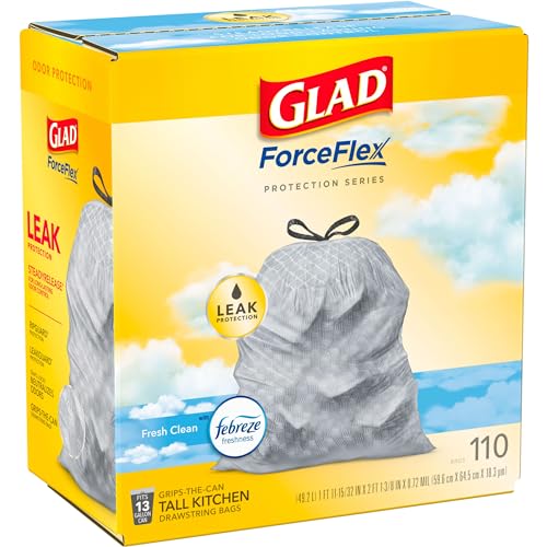 Glad ForceFlex Tall Kitchen Drawstring Trash Bags, 13 Gal, Fresh Clean Scent with Febreze, 110 Ct