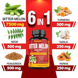 Organic Bitter Melon Extract Capsules - 9500mg Combined Neem, Fenugreek, Curcumin, Garlic & Papaya - 150 Count for 5 Months - Supports Body, Digestive, Skin, Immune & Overall Wellness