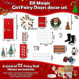 Christmas Elf Girl Fairy Doors, Miniature Elf Door Enchanted Fairy Doors, Elf On the Shelf Door Lantern Light Strip Christmas Tree Wreath Wooden Ladder Carpet Miniature Garden Furniture (22 Pcs)