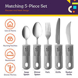 Special Supplies Adaptive Utensils (5-Piece Kitchen Set) Wide, Non-Weighted, Non-Slip Handles for Hand Tremors, Arthritis, Parkinson’s or Elderly Use - Stainless Steel (Grey)
