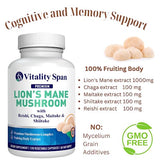 Lions Mane Supplement Capsules – Mushroom Extract with Chaga, Maitake, Reishi & Shiitake Mushrooms | Pure Fruiting Body | Mental Clarity, Focus, Cognitive Support | Made in USA | 120 Vegetable Caps