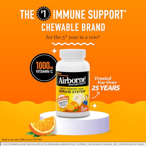 Airborne 1000mg Vitamin C Chewable Tablets with Zinc, Immune Support Supplement with Powerful Antioxidants Vitamins A C & E - (116 count bottle), Citrus Flavor, Gluten-Free