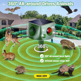 Solar Animal Repeller, 360° Ultrasonic Animal Repellent, 7 Modes Animal Repellent for Garden, IP66 Waterproof Animal Deterrent Devices Outdoor, Repels Cat, Dog, Rat, Squirrel, Deer, Rabbit, Raccoon