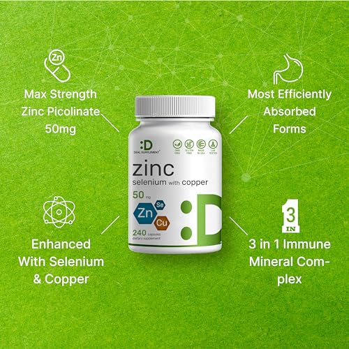 Zinc 50mg with Selenium 200mcg + Copper, 240 Capsules, 8 Month Supply, 3 in 1 Mineral Formula, Zinc Picolinate Complex Supplement, Supports Healthy Immune System for Adults and Kid