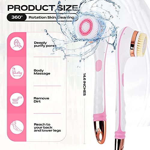 Body Brush Rechargeable, Electric Body Brush Set, Scrubber Shower Brush with Long Handle, Spin Skin Brush with 4 Brush Heads for Cleanse, Massage, exfoliate and Pamper Your Skin in The Shower (Pink)