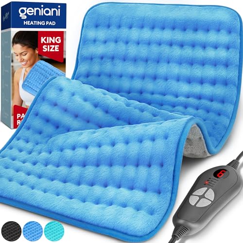 GENIANI Double Sided XL Heating Pad Electric for Lower Back Pain & Period Cramps Relief, Heat Pad with 6 Heat Settings for Neck & Shoulders, Christmas Gifts for Men & Women (12"x24" Electric Blue)