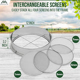 MOPALO 12" Soil Sieve Set with 4 Interchangeable Mesh Screens 1mm, 3mm, 5mm, 7mm - Stainless Steel Metal Riddle Garden Sifter for Rocks, Seeds, Dirt, Compost and Potting Soil