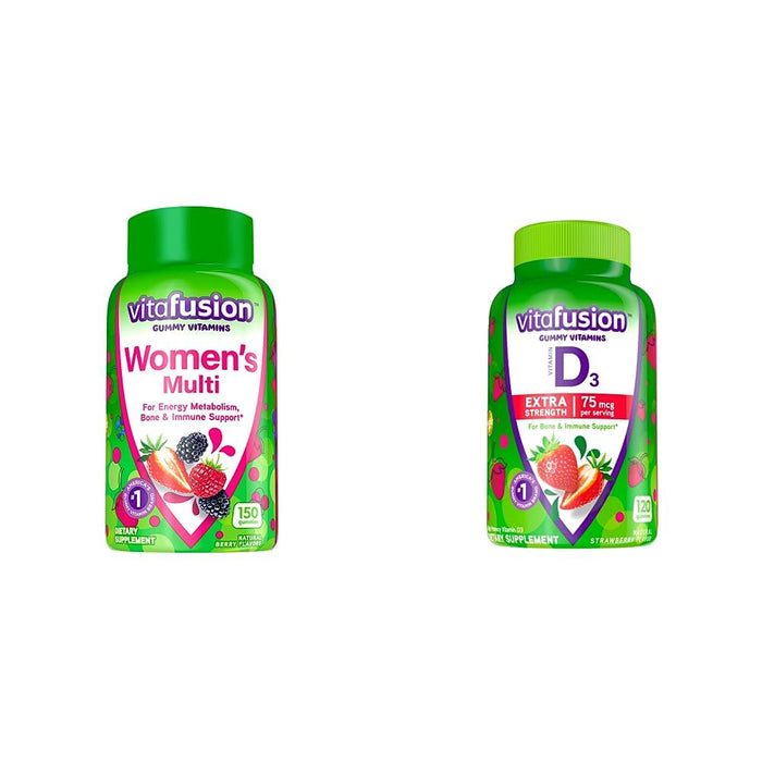 Vitafusion Womens Multivitamin Gummies, Berry Flavored Daily Vitamins for Women & Extra Strength Vitamin D3 Gummy, Strawberry Flavored Bone and Immune System Support