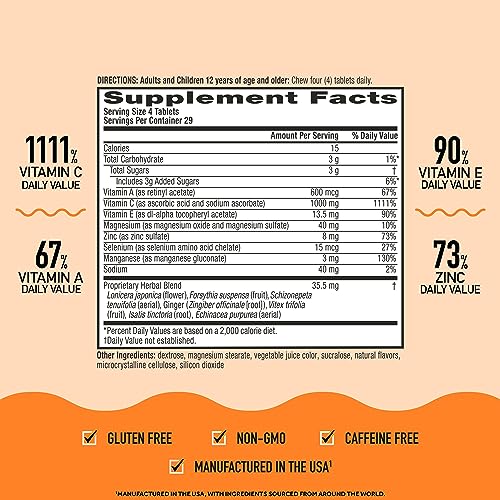 Airborne 1000mg Vitamin C with Zinc, Immune Support Supplement with Powerful Antioxidants Vitamins A C & E - 116 Chewable Tablets, Very Berry Flavor