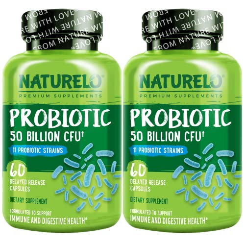 NATURELO Probiotic Supplement - 50 Billion CFU - 11 Strains - One Daily - Helps Support Digestive & Immune Health - Delayed Release - No Refrigeration Needed - 120 Vegan Capsules