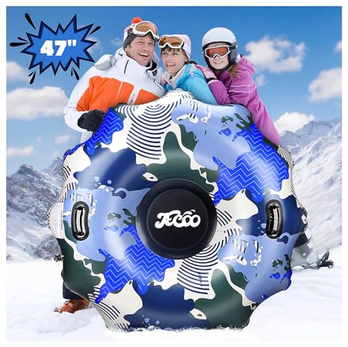 Snow Tube, 47” Heavy Duty Inflatable Snow Tube for Toddler/Kids and Adults, Thick Cold-Resistant Material with Tow Strap and Reinforced Handles, Winter Toys for Outdoor Snow Sledding