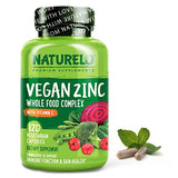 NATURELO Vegan Zinc Whole Food Complex Supplement with Vitamin C for Immune Support and Healthy Skin, Hair, and Nails - 120 Capsules