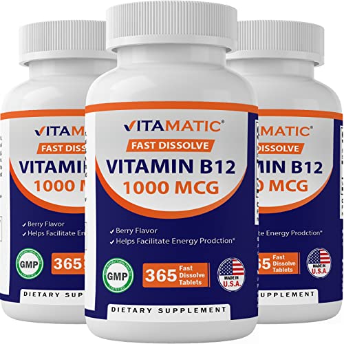 Vitamatic Vitamin B12 1000 mcg Fast Dissolve 365 Tablets - Berry Flavor - Supports Energy Metabolism (3 Bottles)