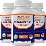 Vitamatic Vitamin B12 1000 mcg Fast Dissolve 365 Tablets - Berry Flavor - Supports Energy Metabolism (3 Bottles)