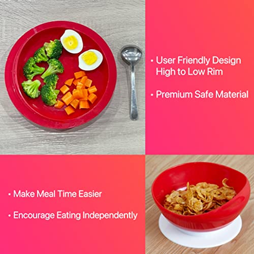 pekokavo Spill Proof Scoop Bowl and Plate with Suction Base, Adaptive Self-Feeding Dinnerware for Elderly/Disabled (Red Combo Set)