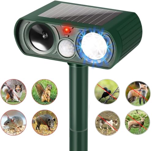 Animal Repellent Solar Powered Ultrasonic Animal Repellent Motion Sensor and Flashing Light Outdoor Weatherproof Farm Garden Lawn for Cat Dog Coyote Bird Skunk Snake Raccoon Rabbit Squirrel