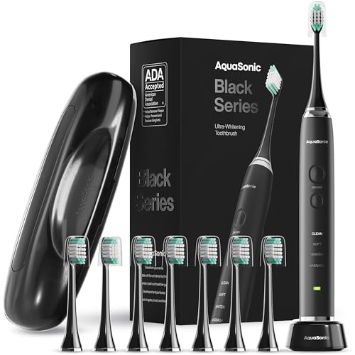 Aquasonic Black Series Ultra Whitening Toothbrush – ADA Accepted Power Toothbrush - 8 Brush Heads & Travel Case – 40,000 VPM Electric Motor & Wireless Charging - 4 Modes w Smart Timer