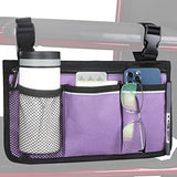 Wheelchair Side Organizer Storage Bag Armrest Pouch with Cup Holder and Reflective Stripe Use Waterproof Fabric, for Most Wheelchairs, Walkers or Rollators (Purple)