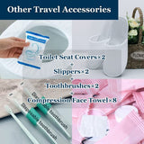 Extguds Disposable Travel Set : Bed Sheet×1+Duvet Cover×1+Pillow case×2+Bath Towels×2+Shower Caps×2+Plastic Bathtub Bag×2+Toilet Seat Covers×2+Compression face Towel×8+Toothbrushes×2+Slippers×2