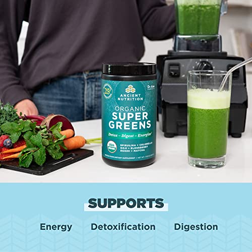 Ancient Nutrition Super Greens Powder, Organic Superfood Powder with Probiotics Made with Spirulina, Chlorella, Matcha, and Digestive Enzymes, 25 Servings, 7.5oz