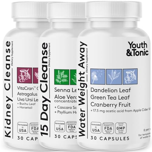 Youth & Tonic Diuretic Full Body Cleanse Detox Pills for Bloating, Puffiness and Swelling, System Flush for Colon, Kidney and Liver Detoxing, 30 Day Supply with Green Tea, Senna, Dandelion, Cranberry