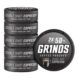 Grinds Coffee Pouches | 6 Cans of Double Shot Espresso | 18 Pouches Per Can | 2x Caffeine 1 Pouch eq. 1/2 Cup of Coffee