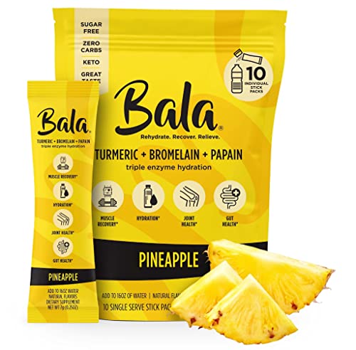 BALA Hydration Turmeric Drink Mix Packet | Sugar Free Electrolyte Powder, Muscle Recovery, Immune Support, Joint Relief | Plant-Based Enzymes -Pineapple (10 Pack)