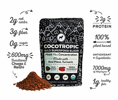 Wild Foods Wild Cocotropic Superfood Powder | Organic Raw Cacao with Reishi Mushroom Powder, Chaga Extract, Raw Maca, & Turmeric | Ground for Easy Brewing | Hot Chocolate Mix | 8 Ounce