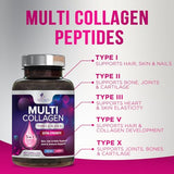 Multi Collagen Complex Pills - Type I, II, III, V, X, Grass Fed & Non-GMO Hydrolyzed Collagen Peptides Supplement - Supports Hair, Nails, Skin & Joint Health, Gluten-Free, Paleo & Keto - 180 Capsules