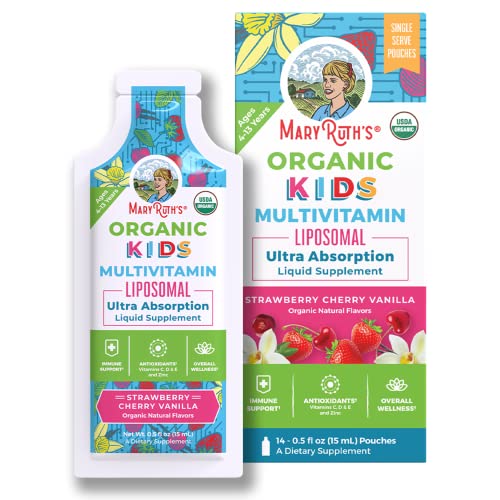 MaryRuth Organics Vitamin USDA, Sugar Free Kids Multivitamin Liquid, Immune Support Supplement, Cognitive Health and Overall Wellness, Vegan, 14-0.5 Fl Oz Pouches, Pack of 1