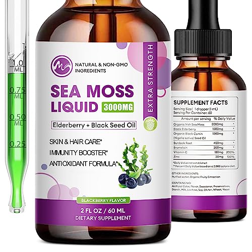 Sea Moss - Irish Sea Moss Liquid Drops 3000mg Black Seed Oil 1000mg Elderberry 1000mg with Burdock Root Supplement - 6X Stronger Than Pills Gel Gummies - Joint, Digestion, Thyroid, Hair & Skin Support