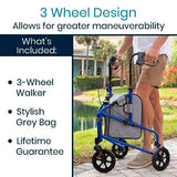 Vive Mobility 3 Wheel Walker - Three Wheeled Rollator for Seniors - Lightweight, Foldable, Narrow, Heavy Duty - for Elderly Men Women - Folding 3-Wheel Tri Scooter with Basket Bag (FSA HSA Approved)