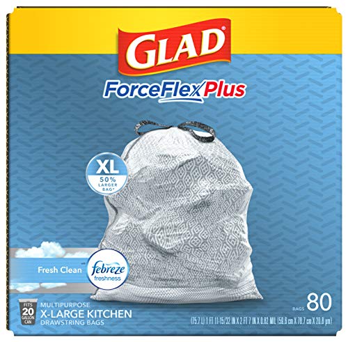 Glad ForceFlex MaxStrength X-Large Kitchen Drawstring Trash Bags, 20 Gallon, Fresh Clean Scent with Febreze Freshness, 80 Count