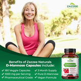 Zazzee D-Mannose 1000 mg per Serving, 180 Vegan Capsules, 3 Month Supply, Potent & Fast-Acting, Natural Cleansing Support Urinary Tract Health, 100% Pure, Non-GMO, All-Natural, Made in The USA