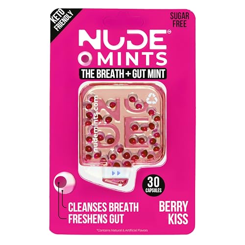 NUDE Breath Mints for Bad Breath - BERRY KISS - 2 in 1 Keto Friendly Sugar Free Mints - Gluten Free Bad Breath Treatment for Adults - Carbs - Calorie - Breath Freshener for People - Instant Fresh - Cleanse Gut - Raspberry - 10 Pack - 300 Mint Capsules