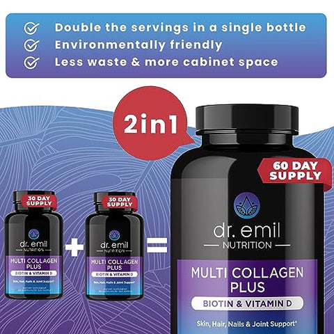 DR EMIL NUTRITION Multi Collagen Peptides Plus Biotin and Vitamin D - Biotin and Collagen Supplements for Hair Skin and Nails - Biotin Pills for Hair Growth, 60 Servings