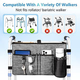 Rhino Valley Walker Bag, Multi Pockets Folding Walker Basket Tote Bag with Cup Holder, Hand-free Carry Pouch Storage Bag for Universal Walkers, Large Capacity Organizer for Seniors Elderly, Gray